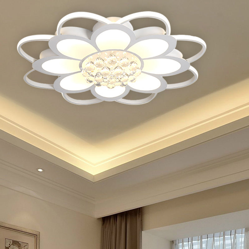 Warm/White/3 Color Led Crystal Flush Light - Simple White Floral Living Room Mount Lamp Multiple