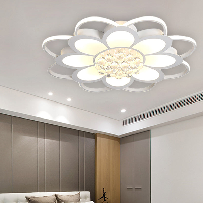 Warm/White/3 Color Led Crystal Flush Light - Simple White Floral Living Room Mount Lamp Multiple
