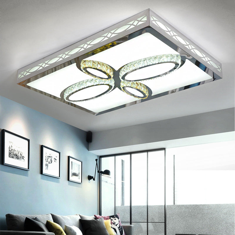 Contemporary White Led Ceiling Mount Flush Light Fixture For Living Room With Crystal Deco -