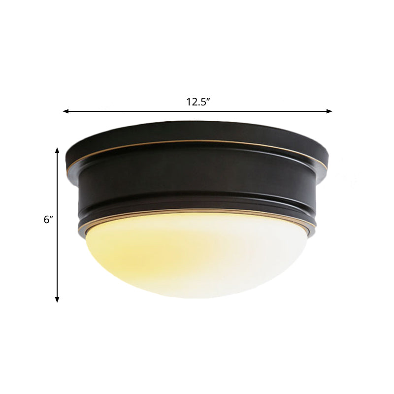 Rustic Milk Glass Flush Mount Lamp With Triple Heads - Ceiling Mounted Light And Black Metal Canopy