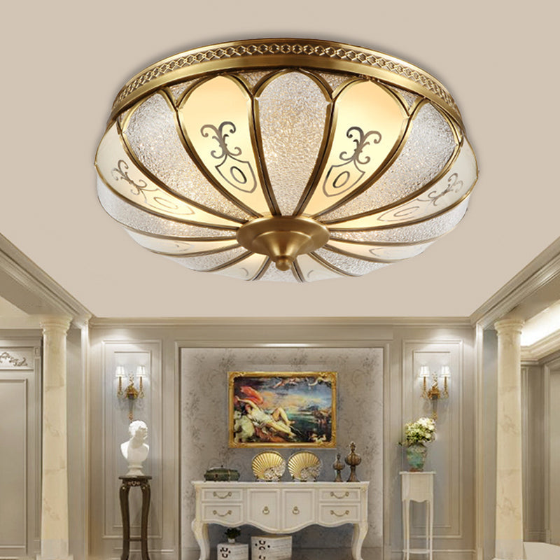 Brass Colonial 3-Light Flush Mount Ceiling Fixture With Frosted Glass Scalloped Shade For Living