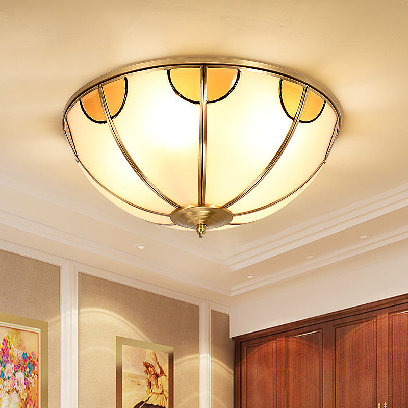 Sandblasted Glass Dome Colonial Brass Ceiling Light - 3-Light Flush Mount For Living Room