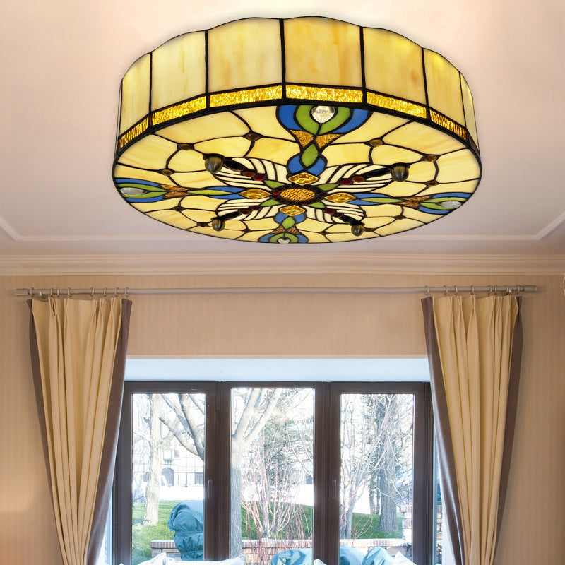 Tiffany Lodge Stained Glass Ceiling Light With Beige Shade - Perfect For Dining Room / 16