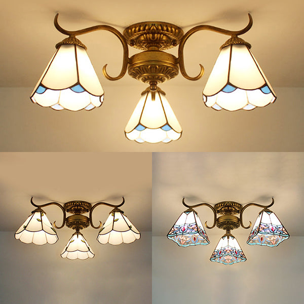 Stained Glass Vintage Ceiling Light - 3-Light Semi Flushmount In