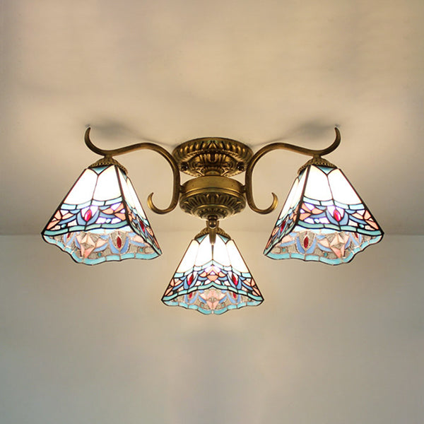 Stained Glass Vintage Ceiling Light - 3-Light Semi Flushmount In
