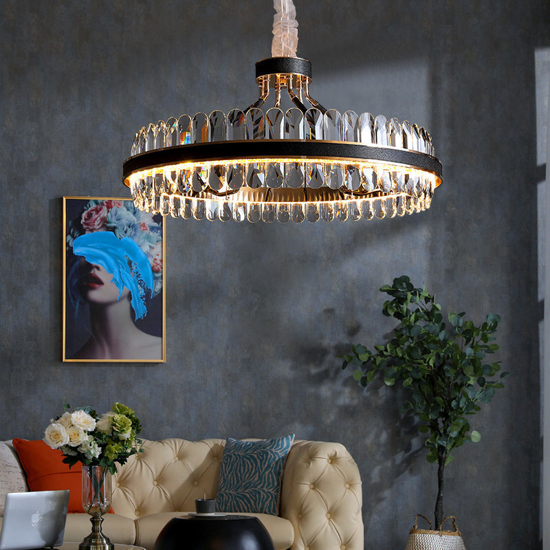 Black Led Chandelier Pendant Light With Round Beveled Crystal Shade - Stylish Living Room Lighting