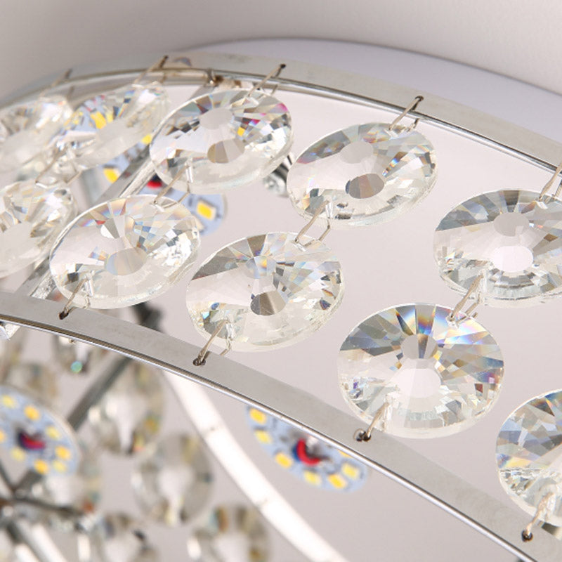 Nickel Led Round Flushmount Crystal Ceiling Light Fixture With Opal Glass Diffuser - Modern And