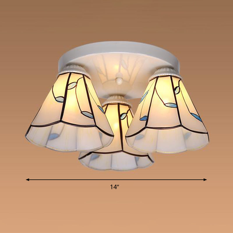 Blue Stained Glass Tiffany Ceiling Lamp For Living Room - Leaf/Stripes Flush Mount With 3/6 Lights