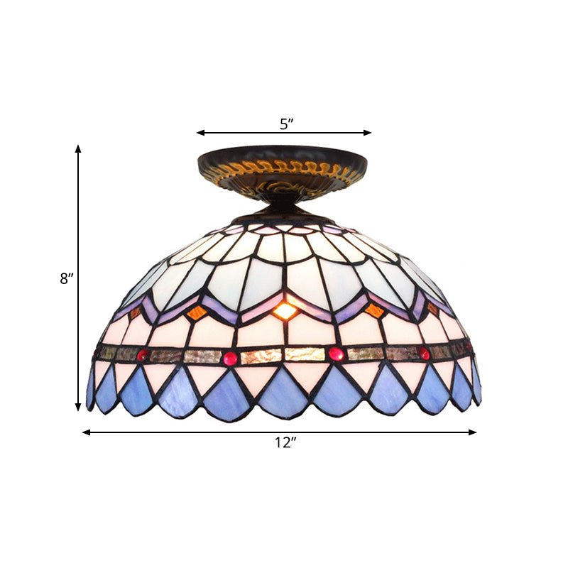 Tiffany Hand Rolled Art Glass Floral Flush Mount Light With Yellow/Blue Shade 12/16 W