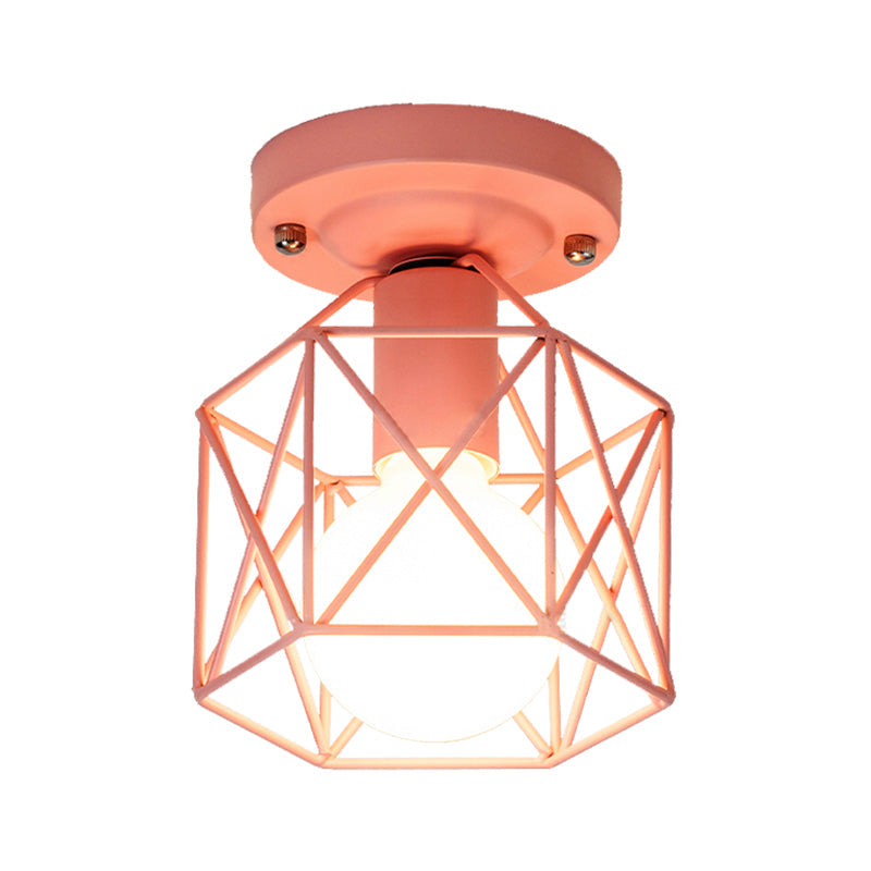 Minimalist Metal Frame Ceiling Mounted Light With White Pink And Green Accents - Ideal For Cloakroom