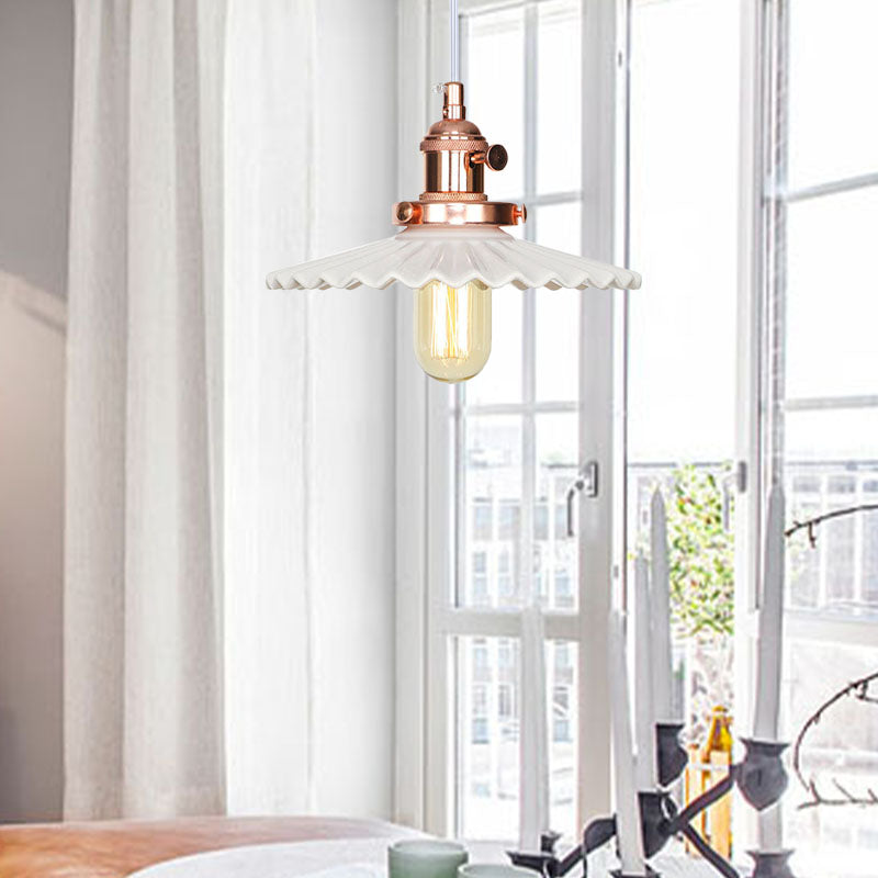 Scalloped Edge Hanging Light Fixture - Ceramic Pendant Ceiling For Industrial Dining Rooms (1 Bulb)