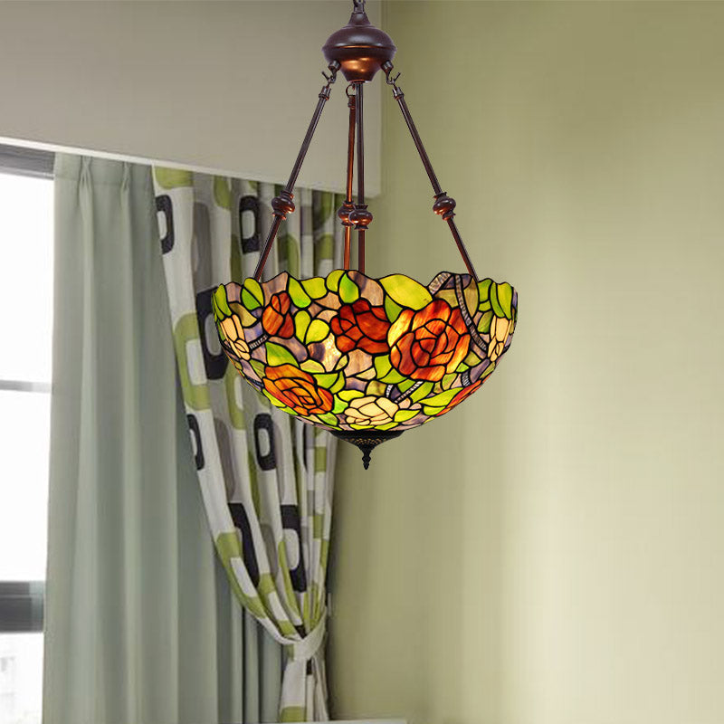Mediterranean Stained Glass Bowl Ceiling Chandelier - 2 Lights Red/Yellow/Green Pendant Light