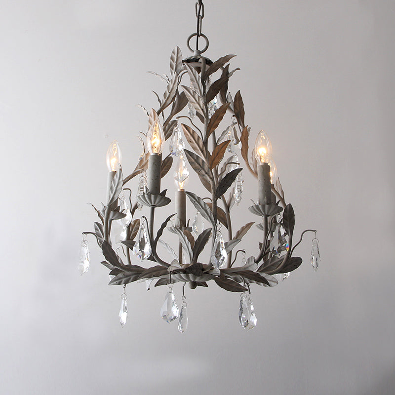 Modern Metal Leaf Chandelier Lamp With Crystal Drop - 5 Bulbs Grey/Distressed White Suspended