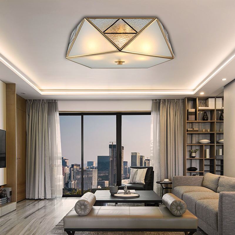 Traditional Geometric Curved Frosted Glass Panel Ceiling Flush Mount - 4/5 Lights Light In Brass For