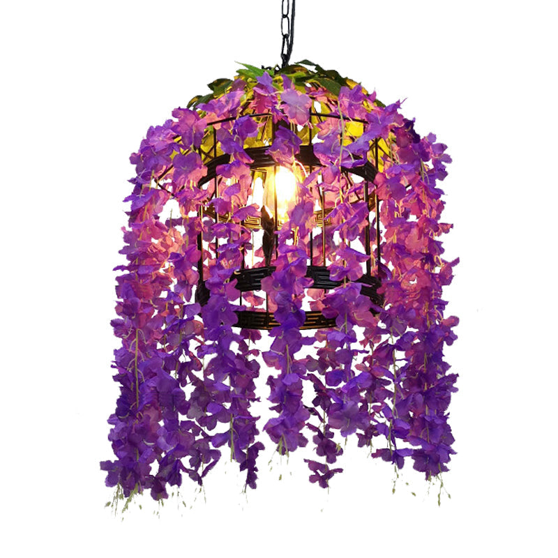 Vintage Drum Pendant With Led Metal Flower Design - Pink/Purple Ideal For Restaurants