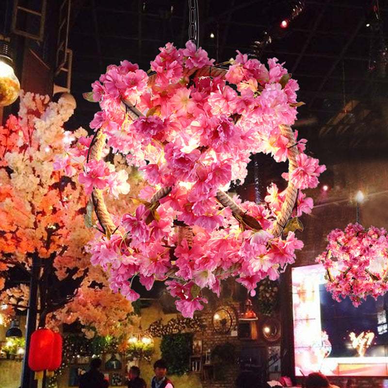 Retro Pink Ball Pendant Light With Flower Decoration Led Ceiling Lamp For Restaurants - 14/18/19.5