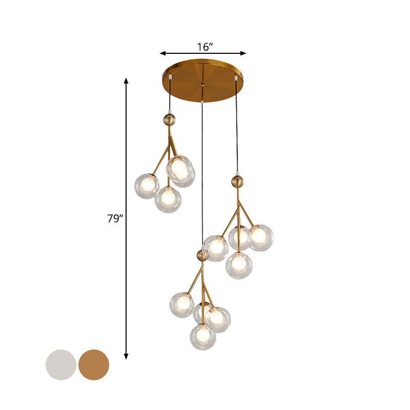 Modern Black/Gold Multi-Light Pendant With 12 Led Bulbs - Clear/Amber/Smoke Gray Glass Sphere Design