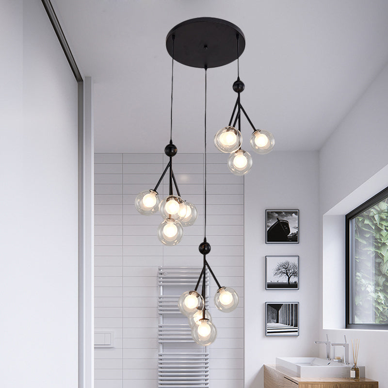 Modern Black/Gold Multi-Light Pendant With 12 Led Bulbs - Clear/Amber/Smoke Gray Glass Sphere Design