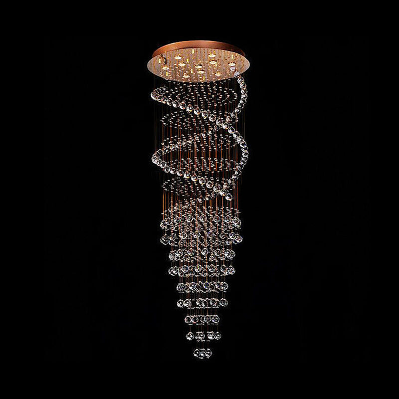 Modern Brass Clear Crystal Led Pendant Lamp With 10-Head Spiral Cascades