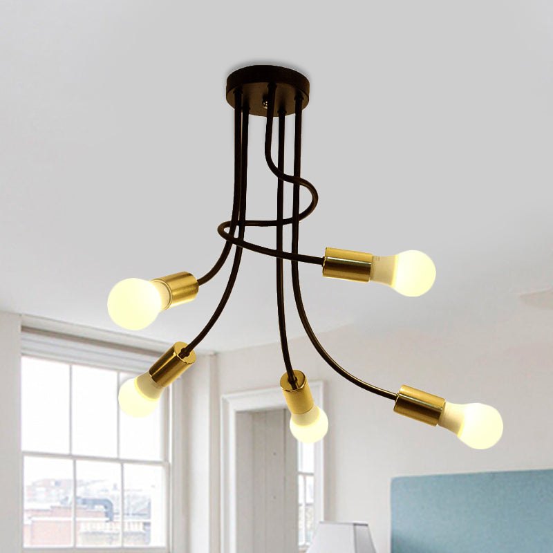 Vintage Bare Bulb Ceiling Light - Black/Gold Metallic Semi Flush With Curved Arm For Bedroom Gold
