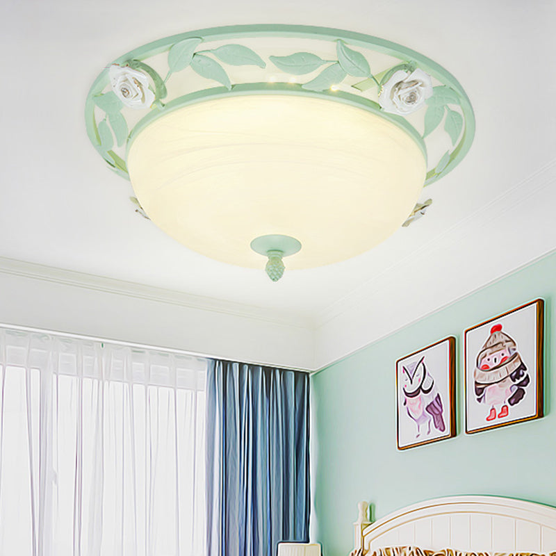 15/19 Korean Flower Metal Bowl Ceiling Light - 1 Head Flush Mount Fixture In Pink/Blue/Green