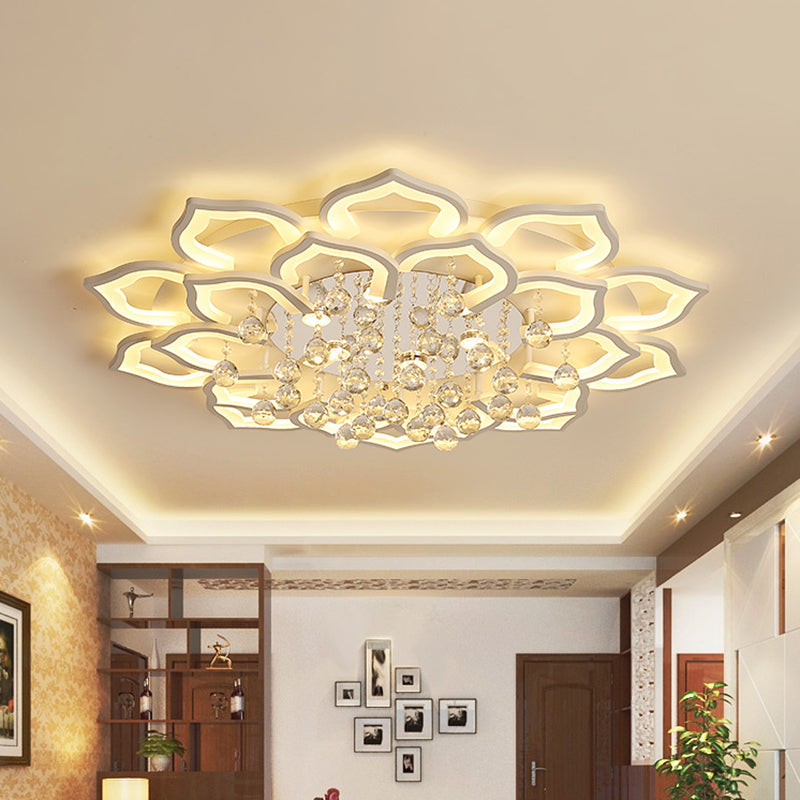 6/16/20 White Flush Mount Ceiling Light For Living Room - Warm/White Floral Acrylic Shade Crystal