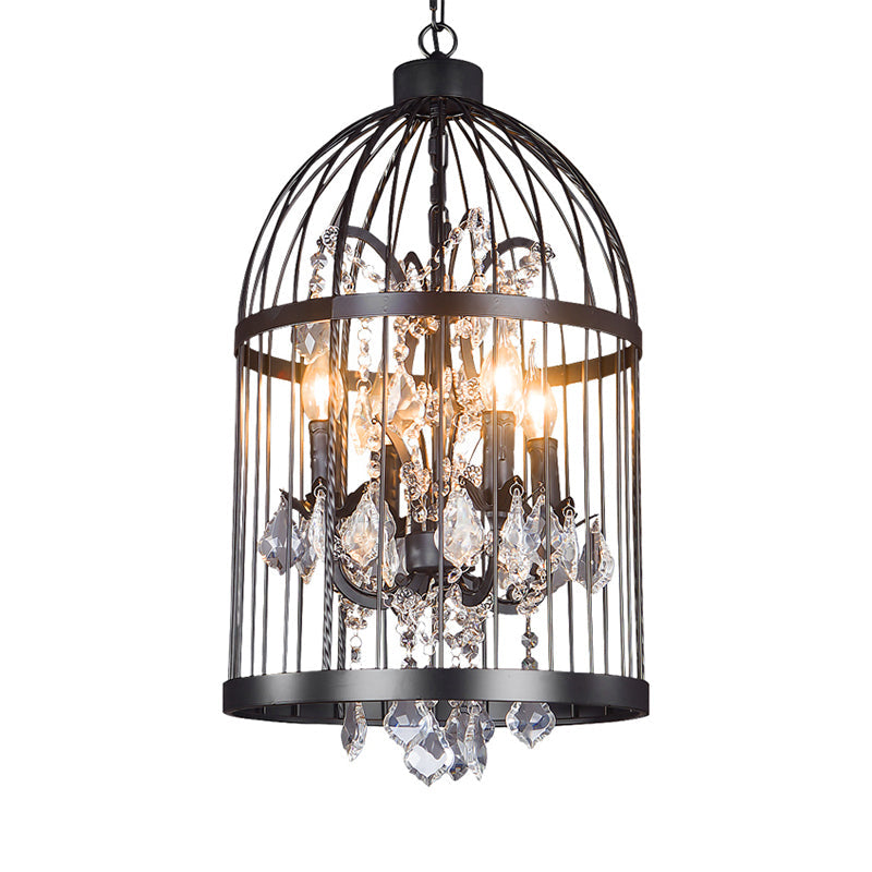 Vintage Style 4-Head Birdcage Chandelier: Black/White/Rust Iron Hanging Lamp With Candle & Crystal