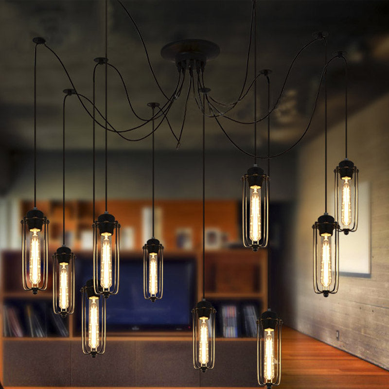Vintage Swag Pendant Light: Adjustable 10-Head Metal Hanging Lamp With Cage Shade - Black Dining