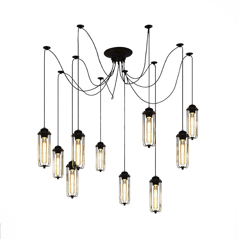 Vintage Swag Pendant Light: Adjustable 10-Head Metal Hanging Lamp With Cage Shade - Black Dining