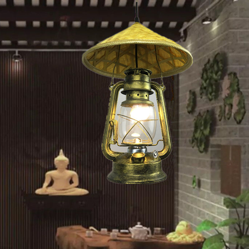 Lodge Style Rattan Hat Pendant Light With Metal Lantern Shade - Brass 12/18 W