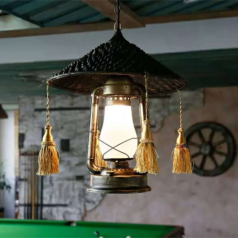 Frosted Glass Lantern Hanging Lamp - Lodge Style Ceiling Fixture For Balcony Black Finish With Hat