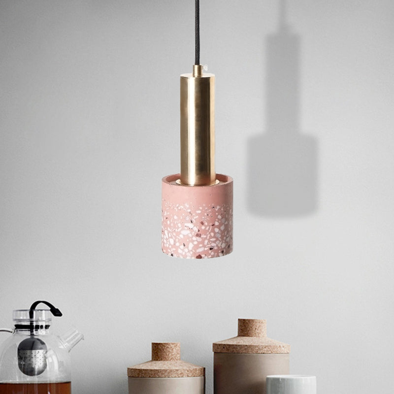 Nordic Terrazzo 1-Light Hanging Cylinder Ceiling Lamp - White/Black/Pink With Tube Gold Accent Pink
