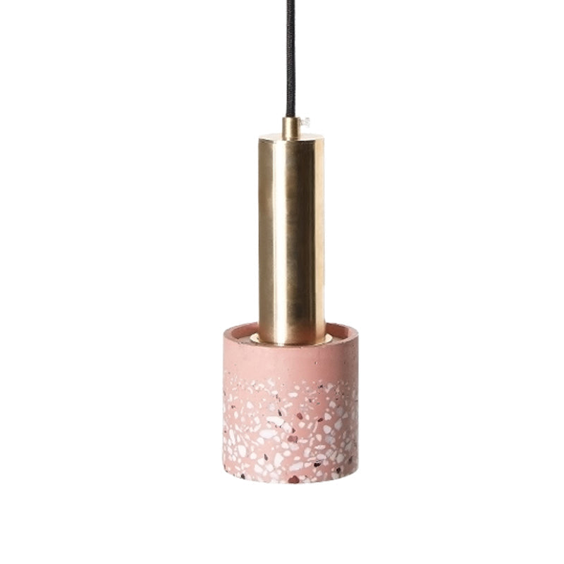 Nordic Terrazzo 1-Light Hanging Cylinder Ceiling Lamp - White/Black/Pink With Tube Gold Accent