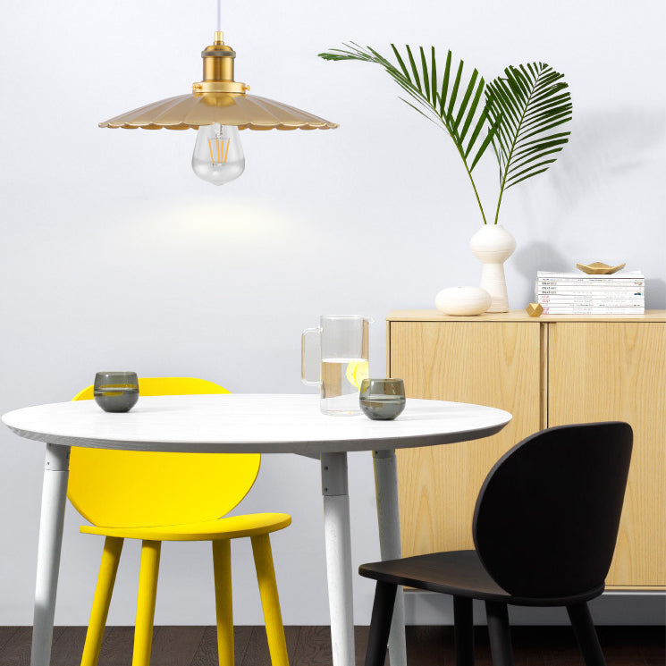 Scalloped Edge Gold Finish Metallic Hanging Light For Coffee Shops - 1 Bulb Pendant 12/14 Inch Width