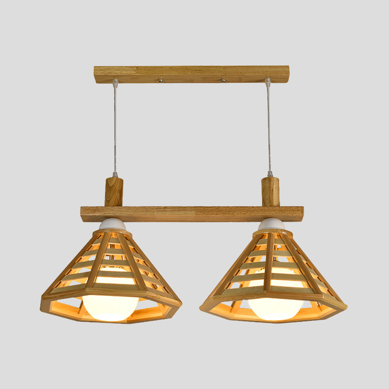 Modernist 2-Bulb Beige Polygon Pendant Lamp With Wood Shade