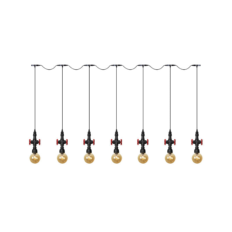 Antiqued Sphere Chandelier With Led Lights - 3/5/7-Bulb Amber Glass Pendant In Black