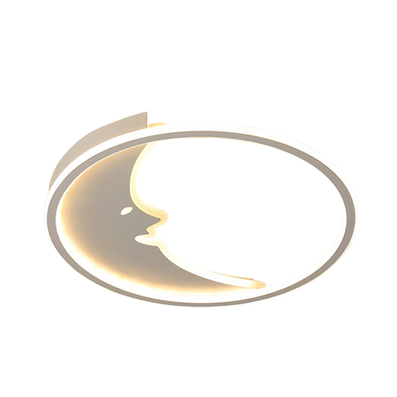 Led Cartoon White Ceiling Lamp With Moon Acrylic Shade - Warm/White Light Bedroom Flush Mount