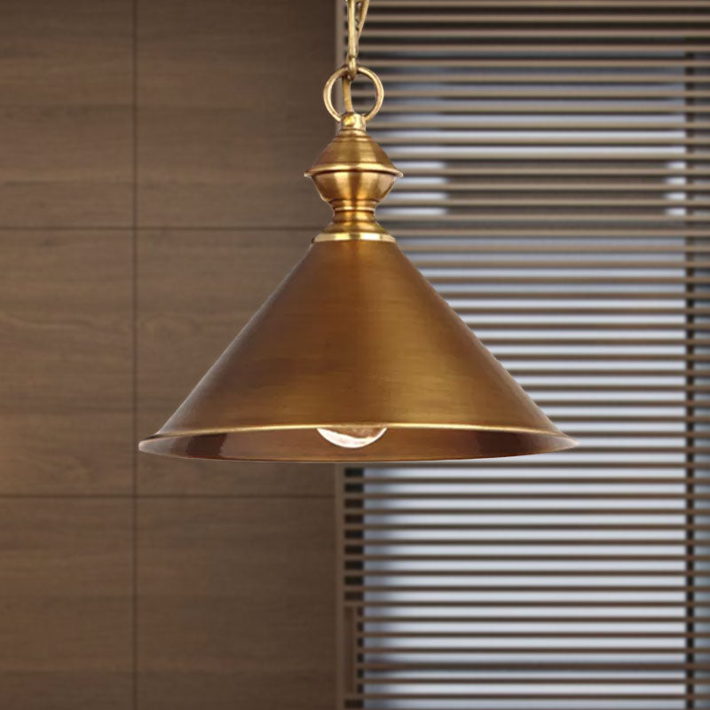 Vintage Brass/Gold Pendant Light With Conical Shade And 1 Bulb