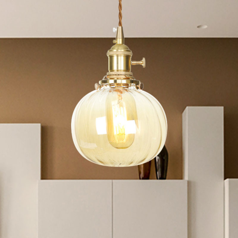 Amber Glass Melon Pendant Lamp: Retro Vintage Hanging Fixture For Dining Room