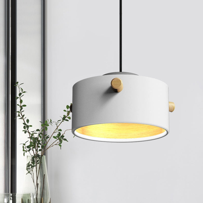 Modern 1 Light Metal Shade Hanging Pendant Green/Pink/White Cylinder Fixture White / A