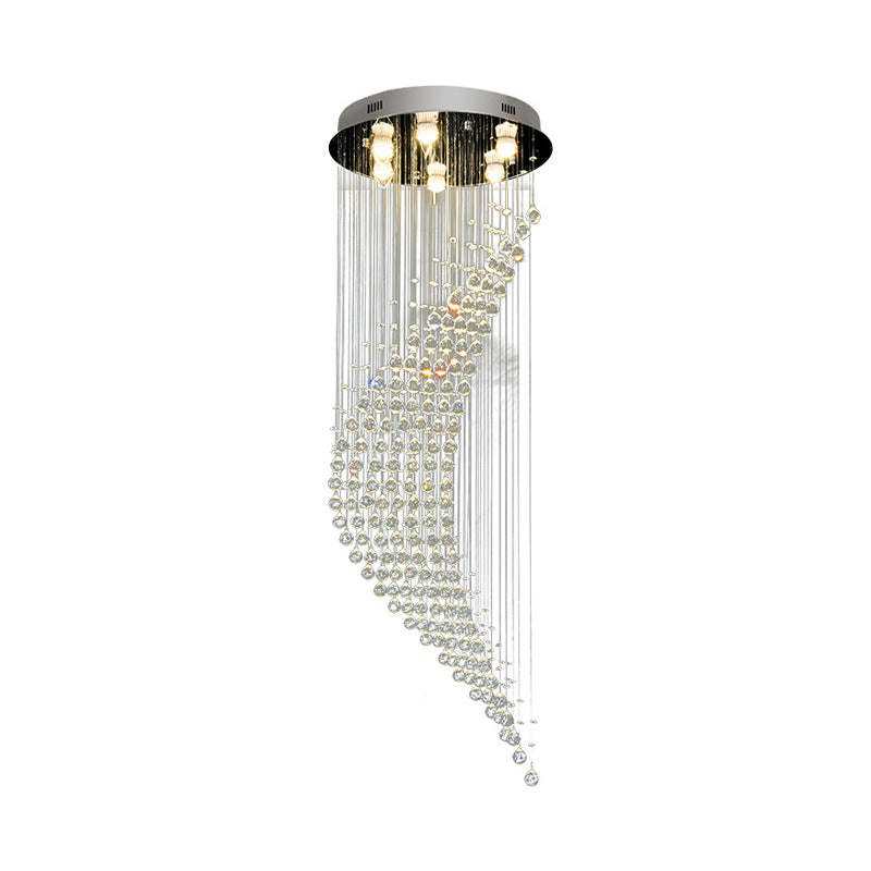 Modernist Crystal Draping Chrome Flush Light With 6 Bulbs - Crescent Shape Ceiling Mount Lamp