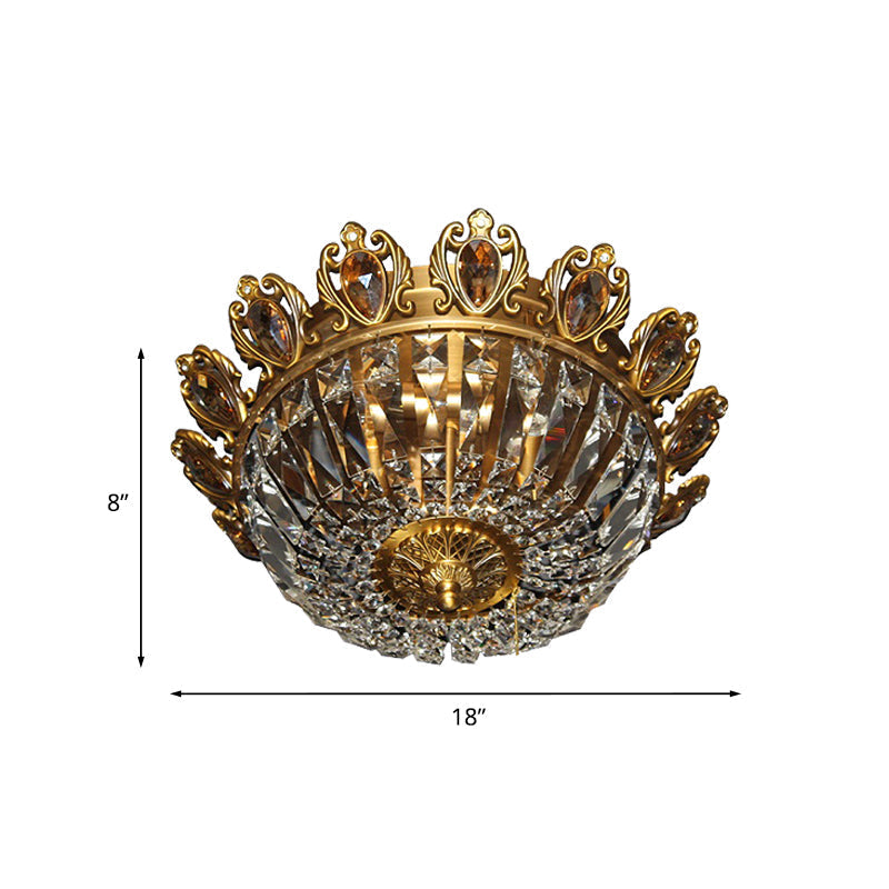 Traditional Beveled Crystal Bowl Flush Mount Ceiling Lamp With 4 Brass Heads For Bedroom Lighting