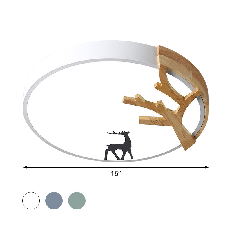 Contemporary Led Acrylic Drum Flush Mount Lighting - Green/White/Gray Ceiling Light With Deer