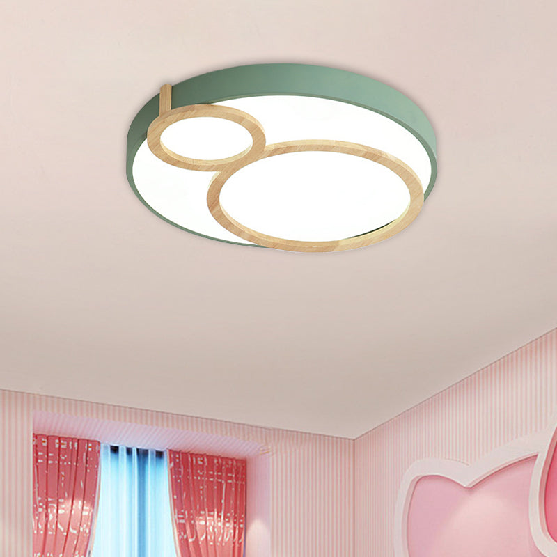 Macaron Acrylic Led Flush Mount Light Fixture With Wood Accent - White/Green/Grey