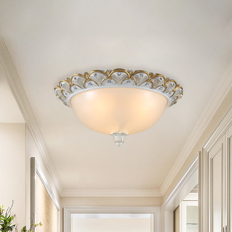Frosted White Glass Dome 3-Light Bedroom Flush Mount With Carved Edge