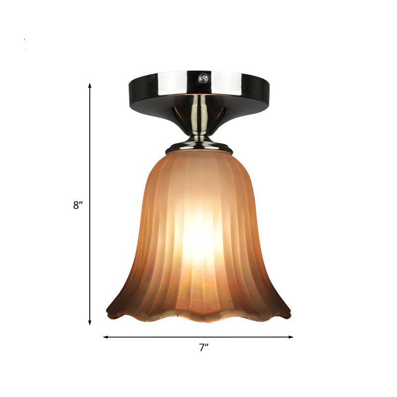 Traditional Tan Glass Flower Flushmount Foyer Lighting Fixture - 1 Bulb Flush Mount