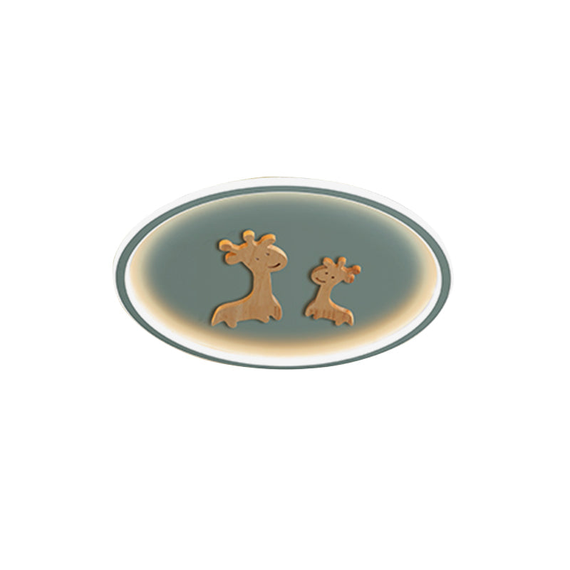 Kids Deer Pattern Oval Flush Mount Light - Acrylic Led Ceiling Lamp For Bedroom (Blue/Pink/Black)