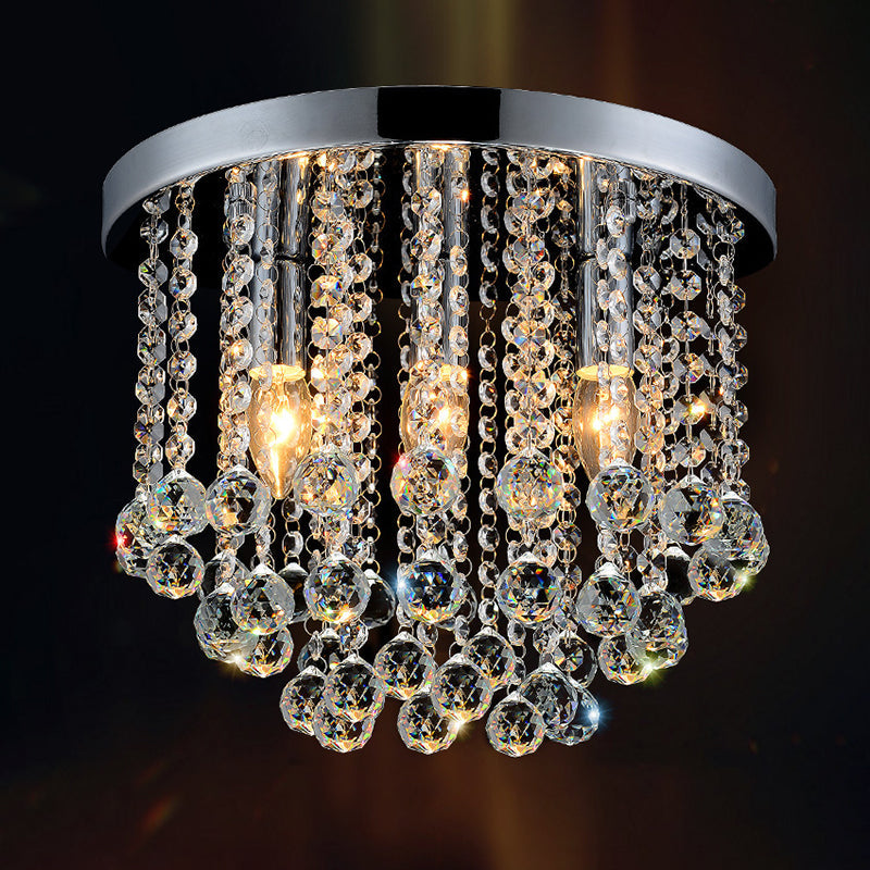 Modern Rain Crystal Flushmount Light Fixture - 3 Bulbs Silver