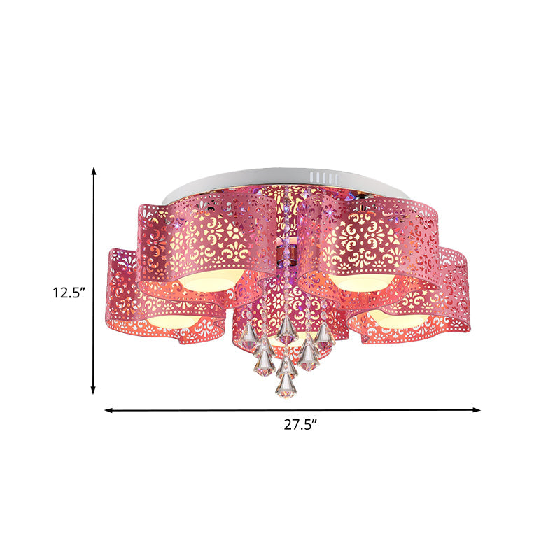 Contemporary Metallic Windmill Flushmount Light With Orb Frosted Glass Shade - Rose Red Finish