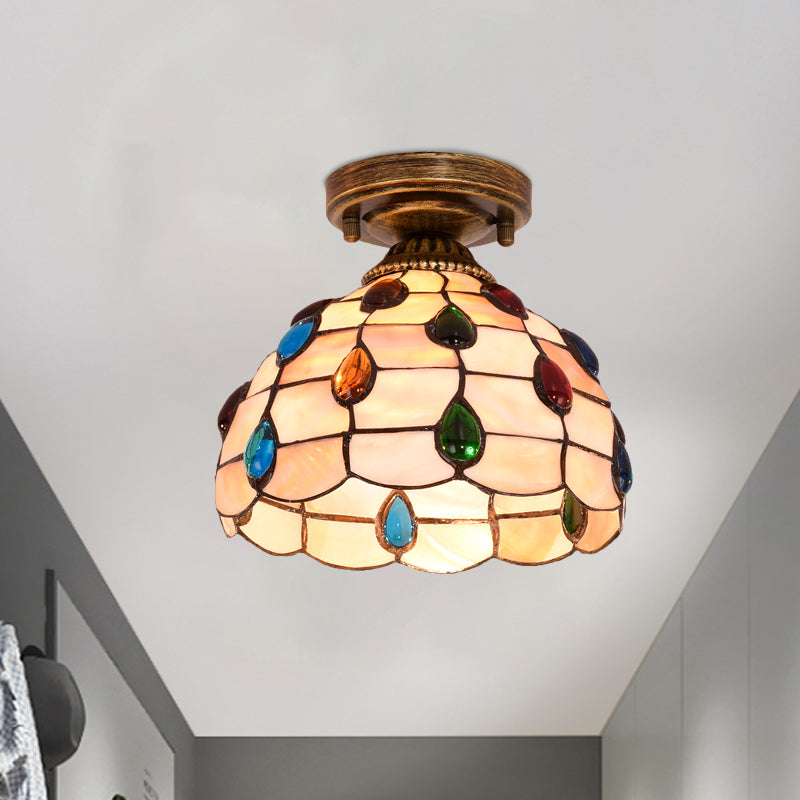 Tiffany Single-Bulb Shell Bowl Ceiling Lamp - Handmade Blue/Light Blue/Beige Flush Mount With